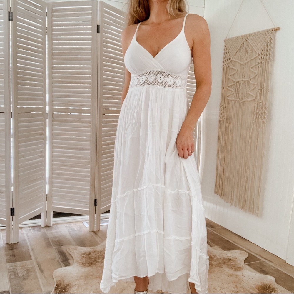 White boho crochet lace cutout maxi dress